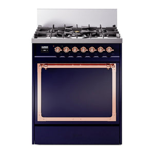 ILVE Nostalgie II 30-Inch Dual Fuel Range with 5 Sealed Burners, 4 cu. ft. Oven, Midnight Blue with Copper Trim, Natural Gas, Solid Door, UN30QNMPMBP