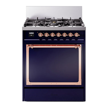 ILVE Nostalgie II 30-Inch Dual Fuel Range with 5 Sealed Burners, 4 cu. ft. Oven, Midnight Blue with Copper Trim, Natural Gas, Solid Door, UN30QNMPMBP