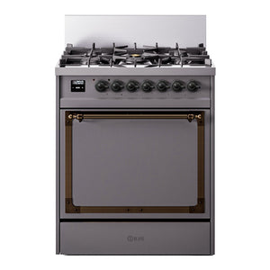 ILVE Nostalgie II 30-Inch Dual Fuel Range with 5 Sealed Burners, 4 cu. ft. Oven, Graphite Matte with Burnished Trim, Natural Gas, Solid Door, UN30QNMPMGB