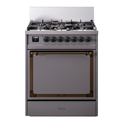 ILVE Nostalgie II 30-Inch Dual Fuel Range with 5 Sealed Burners, 4 cu. ft. Oven, Graphite Matte with Burnished Trim, Natural Gas, Solid Door, UN30QNMPMGB