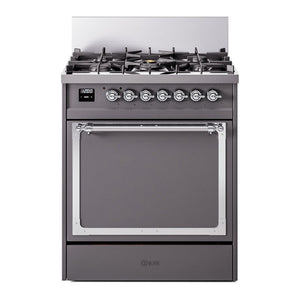 ILVE Nostalgie II 30-Inch Dual Fuel Range with 5 Sealed Burners, 4 cu. ft. Oven, Graphite Matte with Chrome Trim, Liquid Propane, Solid Door, UN30QNMPMGCLP