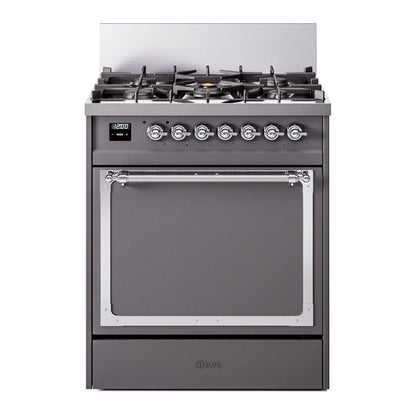 ILVE Nostalgie II 30-Inch Dual Fuel Range with 5 Sealed Burners, 4 cu. ft. Oven, Graphite Matte with Chrome Trim, Natural Gas, Solid Door, UN30QNMPMGC