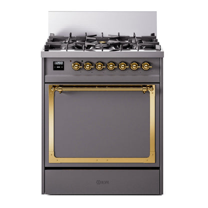 ILVE Nostalgie II 30-Inch Dual Fuel Range with 5 Sealed Burners, 4 cu. ft. Oven, Graphite Matte with Brass Trim, Liquid Propane, Solid Door, UN30QNMPMGGLP