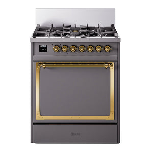 ILVE Nostalgie II 30-Inch Dual Fuel Range with 5 Sealed Burners, 4 cu. ft. Oven, Graphite Matte with Brass Trim, Natural Gas, Solid Door, UN30QNMPMGG