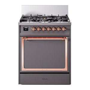 ILVE Nostalgie II 30-Inch Dual Fuel Range with 5 Sealed Burners, 4 cu. ft. Oven, Graphite Matte with Copper Trim, Liquid Propane, Solid Door, UN30QNMPMGPLP