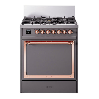 ILVE Nostalgie II 30-Inch Dual Fuel Range with 5 Sealed Burners, 4 cu. ft. Oven, Graphite Matte with Copper Trim, Liquid Propane, Solid Door, UN30QNMPMGPLP