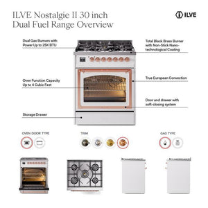 ILVE Nostalgie II 30-Inch Dual Fuel Range with 5 Sealed Burners, 4 cu. ft. Oven, Graphite Matte with Copper Trim, Natural Gas, Solid Door, UN30QNMPMGP