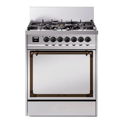 ILVE Nostalgie II 30-Inch Dual Fuel Range with 5 Sealed Burners, 4 cu. ft. Oven, Stainless Steel with Burnished Trim, Natural Gas, Solid Door, UN30QNMPSSB