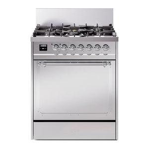 ILVE Nostalgie II 30-Inch Dual Fuel Range with 5 Sealed Burners, 4 cu. ft. Oven, Stainless Steel with Chrome Trim, Natural Gas, Solid Door, UN30QNMPSSC