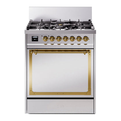 ILVE Nostalgie II 30-Inch Dual Fuel Range with 5 Sealed Burners, 4 cu. ft. Oven, Stainless Steel with Brass Trim, Natural Gas, Solid Door, UN30QNMPSSG