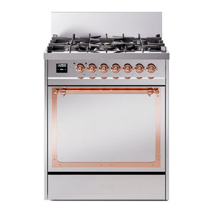 ILVE Nostalgie II 30-Inch Dual Fuel Range with 5 Sealed Burners, 4 cu. ft. Oven, Stainless Steel with Copper Trim, Natural Gas, Solid Door, UN30QNMPSSP