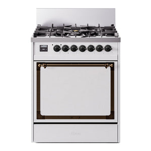 ILVE Nostalgie II 30-Inch Dual Fuel Range with 5 Sealed Burners, 4 cu. ft. Oven, White with Burnished Trim, Natural Gas, Solid Door, UN30QNMPWHB