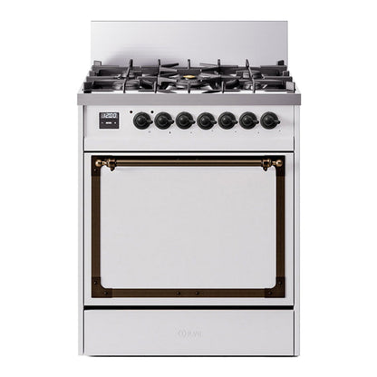 ILVE Nostalgie II 30-Inch Dual Fuel Range with 5 Sealed Burners, 4 cu. ft. Oven, White with Burnished Trim, Natural Gas, Solid Door, UN30QNMPWHB