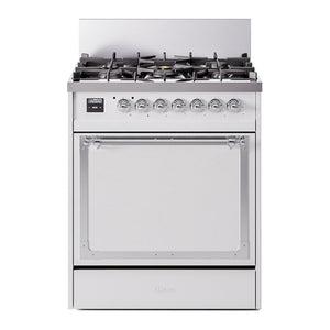 ILVE Nostalgie II 30-Inch Dual Fuel Range with 5 Sealed Burners, 4 cu. ft. Oven, White with Chrome Trim, Liquid Propane, Solid Door, UN30QNMPWHCLP