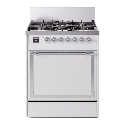ILVE Nostalgie II 30-Inch Dual Fuel Range with 5 Sealed Burners, 4 cu. ft. Oven, White with Chrome Trim, Liquid Propane, Solid Door, UN30QNMPWHCLP
