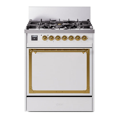 ILVE Nostalgie II 30-Inch Dual Fuel Range with 5 Sealed Burners, 4 cu. ft. Oven, White with Brass Trim, Natural Gas, Solid Door, UN30QNMPWHG