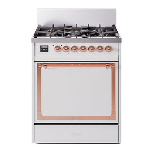 ILVE Nostalgie II 30-Inch Dual Fuel Range with 5 Sealed Burners, 4 cu. ft. Oven, White with Copper Trim, Liquid Propane, Solid Door, UN30QNMPWHPLP