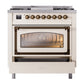 ILVE Nostalgie II 36-Inch Dual Fuel Range with 6 Sealed Burners + Griddle, 3.5 cu. ft. Oven, Antique White with Burnished Trim, Natural Gas, Triple Glass Door, UN36FNMPAWB
