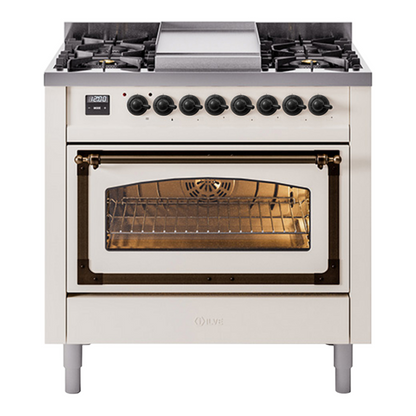 ILVE Nostalgie II 36-Inch Dual Fuel Range with 6 Sealed Burners + Griddle, 3.5 cu. ft. Oven, Antique White with Burnished Trim, Natural Gas, Triple Glass Door, UN36FNMPAWB