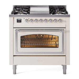 ILVE Nostalgie II 36-Inch Dual Fuel Range with 6 Sealed Burners + Griddle, 3.5 cu. ft. Oven, Antique White with Chrome Trim, Liquid Propane, Triple Glass Door, UN36FNMPAWCLP