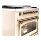 ILVE Nostalgie II 36-Inch Dual Fuel Range with 6 Sealed Burners + Griddle, 3.5 cu. ft. Oven, Antique White with Brass Trim, Liquid Propane, Triple Glass Door, UN36FNMPAWGLP
