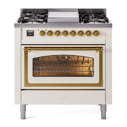 ILVE Nostalgie II 36-Inch Dual Fuel Range with 6 Sealed Burners + Griddle, 3.5 cu. ft. Oven, Antique White with Brass Trim, Natural Gas, Triple Glass Door, UN36FNMPAWG