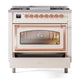 ILVE Nostalgie II 36-Inch Dual Fuel Range with 6 Sealed Burners + Griddle, 3.5 cu. ft. Oven, Antique White with Copper Trim, Liquid Propane, Triple Glass Door, UN36FNMPAWPLP
