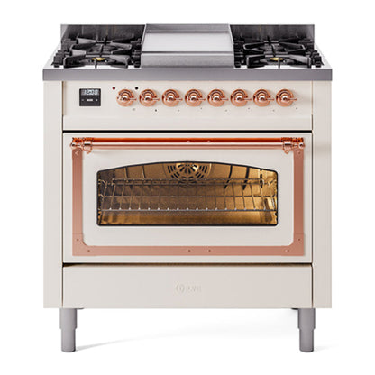 ILVE Nostalgie II 36-Inch Dual Fuel Range with 6 Sealed Burners + Griddle, 3.5 cu. ft. Oven, Antique White with Copper Trim, Liquid Propane, Triple Glass Door, UN36FNMPAWPLP