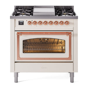 ILVE Nostalgie II 36-Inch Dual Fuel Range with 6 Sealed Burners + Griddle, 3.5 cu. ft. Oven, Antique White with Copper Trim, Natural Gas, Triple Glass Door, UN36FNMPAWP
