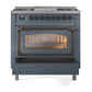 ILVE Nostalgie II 36-Inch Dual Fuel Range with 6 Sealed Burners + Griddle, 3.5 cu. ft. Oven, Blue Grey with Burnished Trim, Liquid Propane, Triple Glass Door, UN36FNMPBGBLP