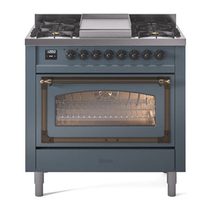 ILVE Nostalgie II 36-Inch Dual Fuel Range with 6 Sealed Burners + Griddle, 3.5 cu. ft. Oven, Blue Grey with Burnished Trim, Liquid Propane, Triple Glass Door, UN36FNMPBGBLP