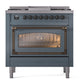 ILVE Nostalgie II 36-Inch Dual Fuel Range with 6 Sealed Burners + Griddle, 3.5 cu. ft. Oven, Blue Grey with Burnished Trim, Natural Gas, Triple Glass Door, UN36FNMPBGB