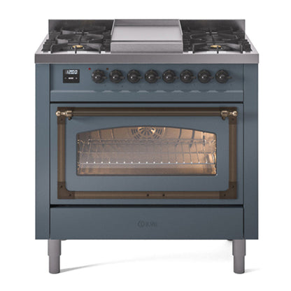 ILVE Nostalgie II 36-Inch Dual Fuel Range with 6 Sealed Burners + Griddle, 3.5 cu. ft. Oven, Blue Grey with Burnished Trim, Natural Gas, Triple Glass Door, UN36FNMPBGB