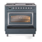 ILVE Nostalgie II 36-Inch Dual Fuel Range with 6 Sealed Burners + Griddle, 3.5 cu. ft. Oven, Blue Grey with Chrome Trim, Liquid Propane, Triple Glass Door, UN36FNMPBGCLP
