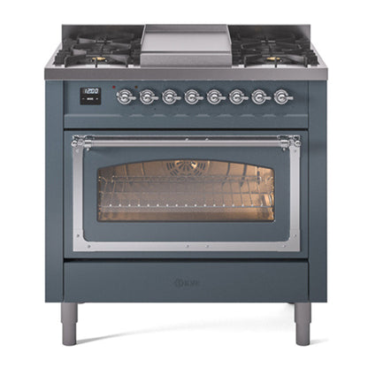 ILVE Nostalgie II 36-Inch Dual Fuel Range with 6 Sealed Burners + Griddle, 3.5 cu. ft. Oven, Blue Grey with Chrome Trim, Liquid Propane, Triple Glass Door, UN36FNMPBGCLP
