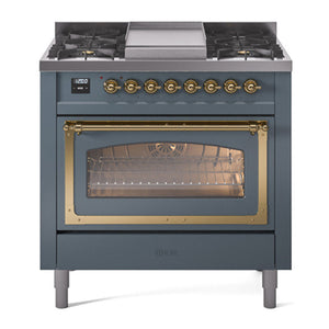 ILVE Nostalgie II 36-Inch Dual Fuel Range with 6 Sealed Burners + Griddle, 3.5 cu. ft. Oven, Blue Grey with Brass Trim, Liquid Propane, Triple Glass Door, UN36FNMPBGGLP
