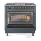 ILVE Nostalgie II 36-Inch Dual Fuel Range with 6 Sealed Burners + Griddle, 3.5 cu. ft. Oven, Blue Grey with Brass Trim, Natural Gas, Triple Glass Door, UN36FNMPBGG