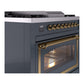 ILVE Nostalgie II 36-Inch Dual Fuel Range with 6 Sealed Burners + Griddle, 3.5 cu. ft. Oven, Blue Grey with Brass Trim, Natural Gas, Triple Glass Door, UN36FNMPBGG