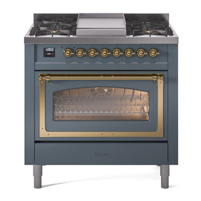 ILVE Nostalgie II 36-Inch Dual Fuel Range with 6 Sealed Burners + Griddle, 3.5 cu. ft. Oven, Blue Grey with Brass Trim, Natural Gas, Triple Glass Door, UN36FNMPBGG