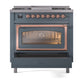 ILVE Nostalgie II 36-Inch Dual Fuel Range with 6 Sealed Burners + Griddle, 3.5 cu. ft. Oven, Blue Grey with Copper Trim, Liquid Propane, Triple Glass Door, UN36FNMPBGPLP