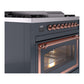 ILVE Nostalgie II 36-Inch Dual Fuel Range with 6 Sealed Burners + Griddle, 3.5 cu. ft. Oven, Blue Grey with Copper Trim, Liquid Propane, Triple Glass Door, UN36FNMPBGPLP