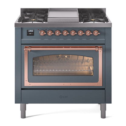 ILVE Nostalgie II 36-Inch Dual Fuel Range with 6 Sealed Burners + Griddle, 3.5 cu. ft. Oven, Blue Grey with Copper Trim, Liquid Propane, Triple Glass Door, UN36FNMPBGPLP