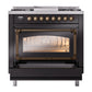 ILVE Nostalgie II 36-Inch Dual Fuel Range with 6 Sealed Burners + Griddle, 3.5 cu. ft. Oven, Glossy Black with Burnished Trim, Liquid Propane, Triple Glass Door, UN36FNMPBKBLP