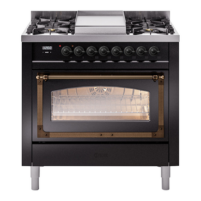 ILVE Nostalgie II 36-Inch Dual Fuel Range with 6 Sealed Burners + Griddle, 3.5 cu. ft. Oven, Glossy Black with Burnished Trim, Liquid Propane, Triple Glass Door, UN36FNMPBKBLP