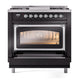 ILVE Nostalgie II 36-Inch Dual Fuel Range with 6 Sealed Burners + Griddle, 3.5 cu. ft. Oven, Glossy Black with Chrome Trim, Liquid Propane, Triple Glass Door, UN36FNMPBKCLP