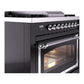 ILVE Nostalgie II 36-Inch Dual Fuel Range with 6 Sealed Burners + Griddle, 3.5 cu. ft. Oven, Glossy Black with Chrome Trim, Liquid Propane, Triple Glass Door, UN36FNMPBKCLP