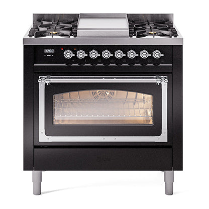 ILVE Nostalgie II 36-Inch Dual Fuel Range with 6 Sealed Burners + Griddle, 3.5 cu. ft. Oven, Glossy Black with Chrome Trim, Natural Gas, Triple Glass Door, UN36FNMPBKC