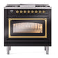 ILVE Nostalgie II 36-Inch Dual Fuel Range with 6 Sealed Burners + Griddle, 3.5 cu. ft. Oven, Glossy Black with Brass Trim, Liquid Propane, Triple Glass Door, UN36FNMPBKGLP