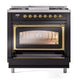 ILVE Nostalgie II 36-Inch Dual Fuel Range with 6 Sealed Burners + Griddle, 3.5 cu. ft. Oven, Glossy Black with Brass Trim, Liquid Propane, Triple Glass Door, UN36FNMPBKGLP
