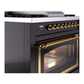 ILVE Nostalgie II 36-Inch Dual Fuel Range with 6 Sealed Burners + Griddle, 3.5 cu. ft. Oven, Glossy Black with Brass Trim, Natural Gas, Triple Glass Door, UN36FNMPBKG